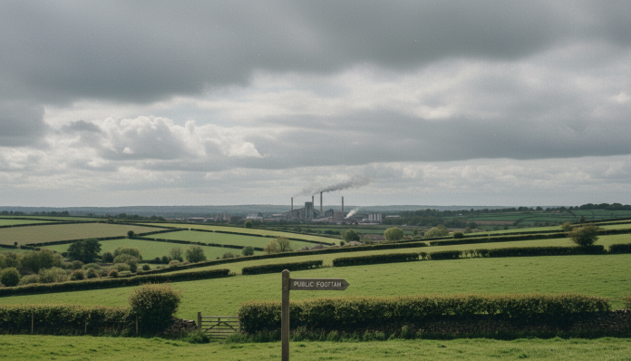 Veduta aerea di terreni agricoli del green belt vicino Londra dove sorgerà un data center AI