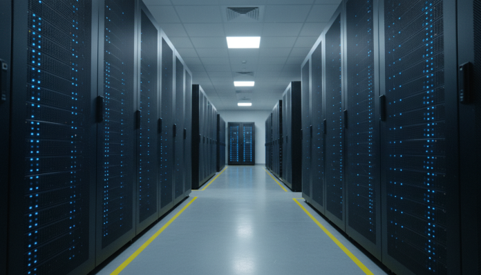 article-Data-center-AI-la-startup-C2i Sala server di data center AI con connessioni illuminate tra i rack